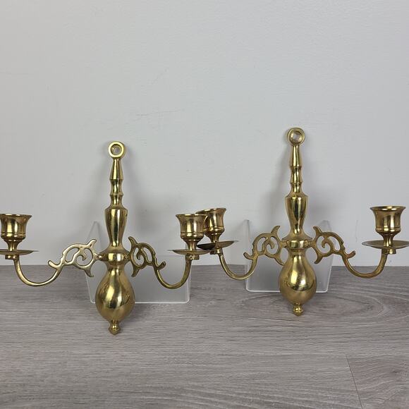 Solid Brass Ornate Wall Sconce Double Candlestick Holders Set of 2 - Picture 1 of 10